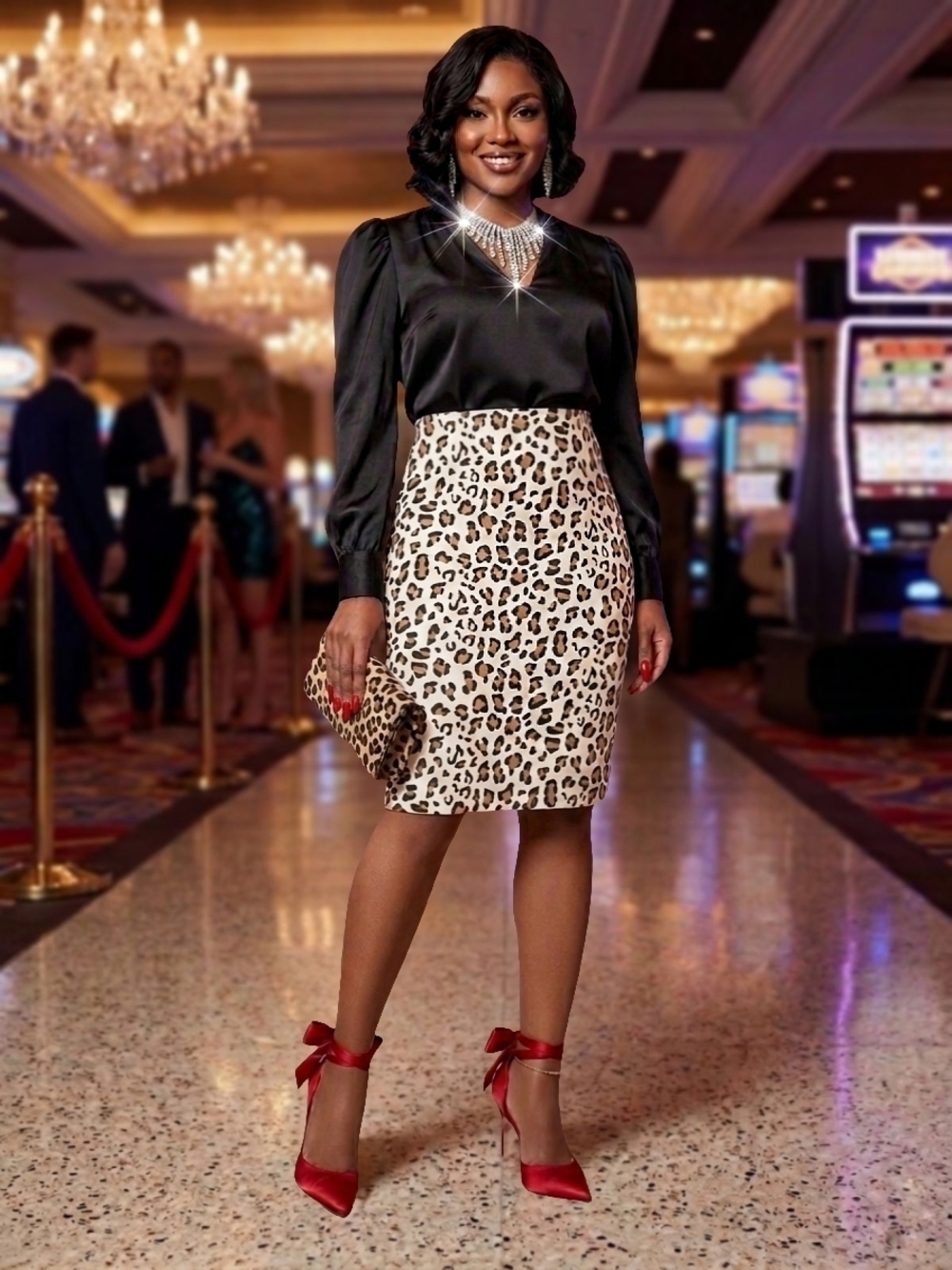 Shinestar Leopard Print Pencil Skirt - Beige and Black